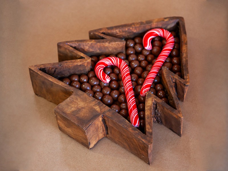 Carved Wood Christmas Tree Bowl