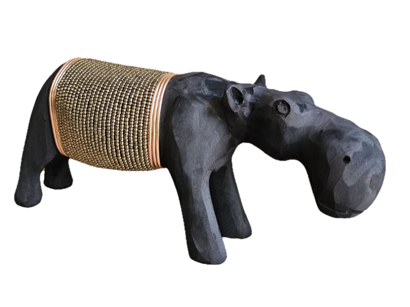 Small Black Hippo with Gold beads